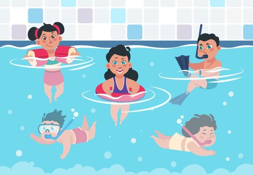Swimming kids. Cartoon happy children in a pool, flat boys and girls swimming and playing in swimwear. Vector illustration summer activities training swim underwater