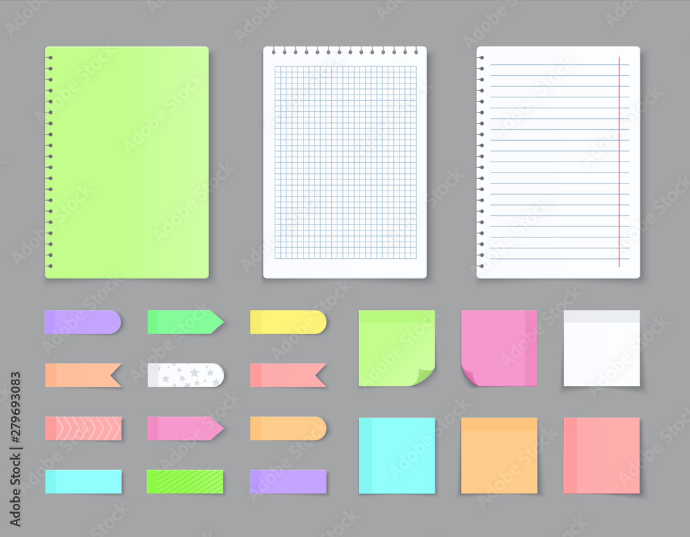 Poster Sticky notebook paper. Adhesive stickers and blank colored sheets with grid squares and lines. Vector empty ripped pages for write message and notes