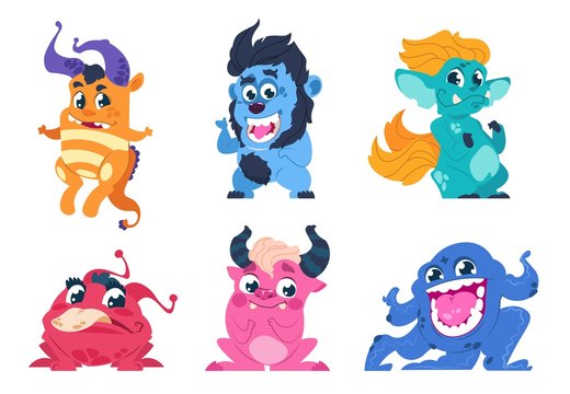 Cartoon monsters. Cute little angry animals, mascot characters with smiles and troll faces for stickers and emblems. Vector goblin set party on birthday for kids