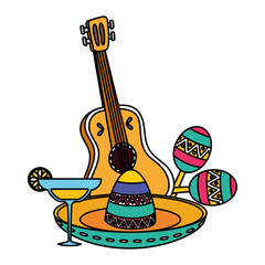 mexican hat with guitar and maracas