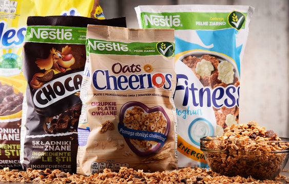 Four packages of Nestle breakfast cereals