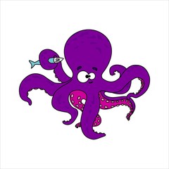 Octopus. Smiling octopus with suckers on tentacles. Holds a tentacle unhappy fish. Vector image on white background.