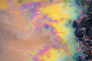 Petrol stain on asphalt road, big polluted puddle water. - obrazy, fototapety, plakaty