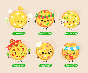 Cute happy pizza character set 