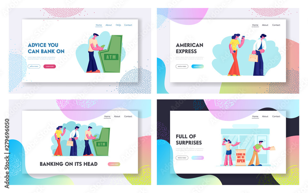 Poster atm transaction services, banking website landing page set, characters draw or put money to automate