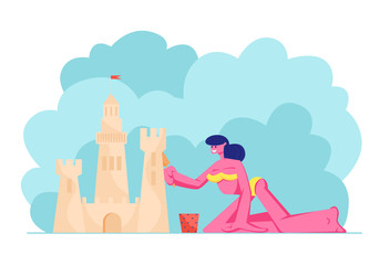 Young Woman in Bikini Having Fun on Sandy Beach Building Sand Castle at Tropical Island Seaside
