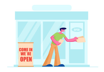 Man Promoter, Owner or Giving Invitation Flyers at Store Entrance for Shop Open Event, Salesman Inviting People to Visit Boutique, or New Restaurant, Consumerism. Cartoon Flat Vector Illustration