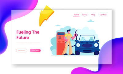 Gasoline Service for Drivers Website Landing Page, Car on Gas Station, Worker in Workwear at Petroleum Station Refueling Automobile, Transport Filling Web Page. Cartoon Flat Vector Illustration Banner