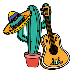mexican hat with guitar and cactus