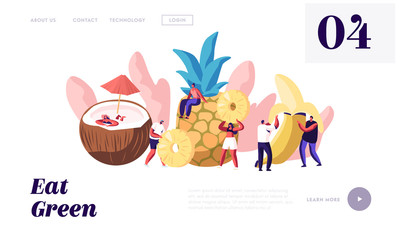 Fototapeta premium Characters and Ripe Fruits Website Landing Page, Coconut, Pineapple, Banana, Healthy Food, Fortified Nutrition, Summer Fresh Juice Drinks Cocktails, Web Page. Cartoon Flat Vector Illustration, Banner