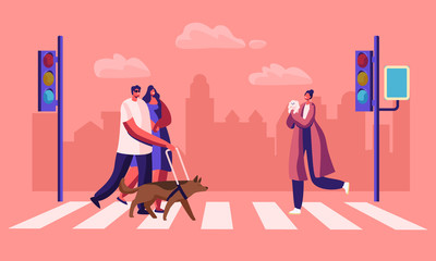 Fototapeta premium Disabled and Healthy Pedestrians with Pets Crossing Road Interchange in City, Blind Man Walking with Guide Dog and Woman Hold his Hand. Characters on Street Crosswalk. Cartoon Flat Vector Illustration
