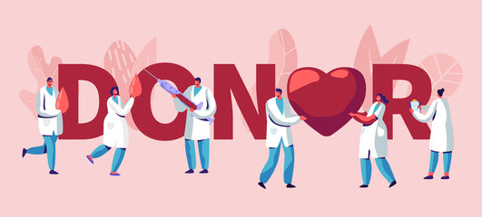 Donor Concept. Male, Female Doctors Characters in Medical Uniform. Blood Donation Laboratory, Healthcare, Charity, World Donor Day Poster, Banner, Flyer, Brochure. Cartoon Flat Vector Illustration