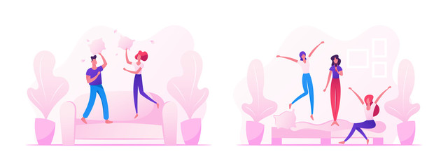 People Fooling and Having Fun at Home, Male and Female Couple Jumping on Sofa Fighting with Pillows, Company of Young Girls Singing and Dancing on Couch in Room. Cartoon Flat Vector Illustration