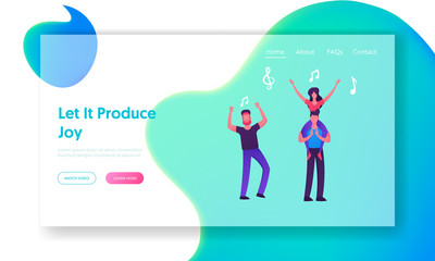 People Visit Music Event, Party or Concert Website Landing Page, Group of Friends Cheering,Waving Hands, Girl Sitting on Man Shoulders, Leisure. Web Page. Cartoon Flat Vector Illustration, Banner