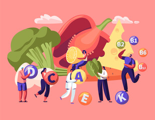 Healthy Lifestyle, Organic Food Choice. Vitamins in Products Infographic. Fruits, Vegetables, Cheese and Eggs as Source of Energy and Health. Vegetarian Diet Concept. Cartoon Flat Vector Illustration