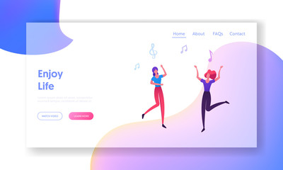 People Clubbing in Night Club Website Landing Page, Girls Visit Music Event or Concert, Women Dancing and Jumping, Friends Having Fun, Leisure, Web Page. Cartoon Flat Vector Illustration, Banner