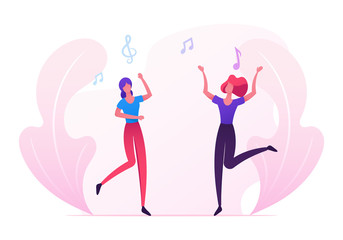 Fototapeta na wymiar Couple of Young Girls Visit Music Event or Concert, Women Fans Cheering, Dancing and Jumping with Hands Up, Friends Having Fun, Leisure, People Clubbing in Night Club. Cartoon Flat Vector Illustration