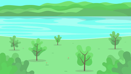 Vector background.  Park near the water in a flat style.  Ecological concept.  A simple background with a place for the inscription