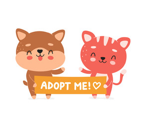 Cute happy smiling cat and dog hold banner