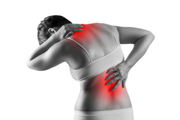 Pain in the female body, woman with back ache, sciatica and scoliosis isolated on white background,...