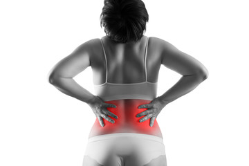 Kidney stones, pain in a woman's body isolated on white background, chronic diseases of the urinary...
