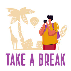 Young man tourist with backpack traveling on holiday trip.Taking a photo with a phone camera.