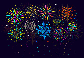 Fototapeta na wymiar Festive colorful fireworks on black background. Vector illustration. Flat design. EPS 10.
