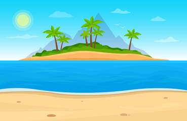 Fototapeta Tropical island in ocean. Landscape with ocean Palm trees, beach. Travel vector background. obraz