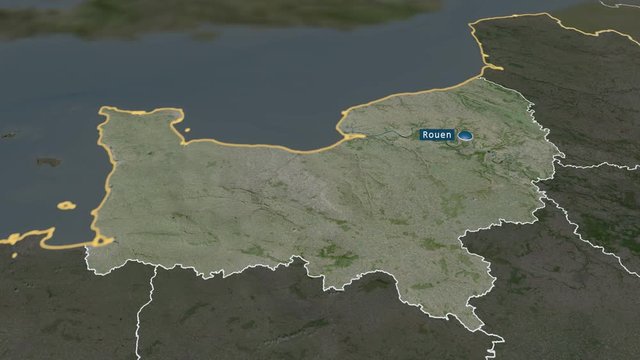 Normandie - region of France with its capital zoomed on the satellite map of the globe. Animation 3D