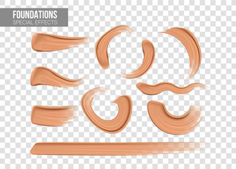 Set of special effects.Foundation beige liquid .Cosmetic make up. smudges range of colors on transparent background. Beige concealer strokes.