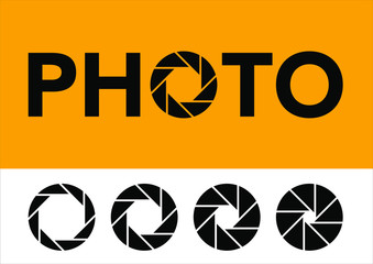 Logo du mot PHOTO avec différentes ouvertures du diaphragme d’un appareil photo. - obrazy, fototapety, plakaty