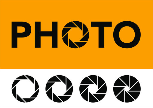 Logo du mot PHOTO avec diff&eacute;rentes ouvertures du diaphragme d&rsquo;un appareil photo.
