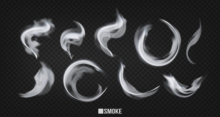 Smoke vector collection, isolated on transparent background. Set of realistic white smoke steam, waves from coffee,tea,cigarettes,perfume