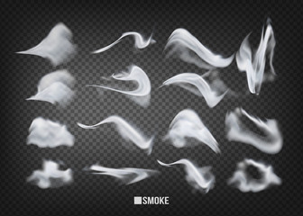 Smoke vector collection, isolated on transparent background. Set of realistic white smoke steam, waves from coffee,tea,cigarettes,perfume