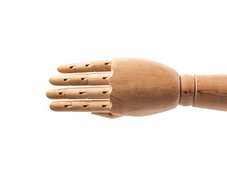 hand of wood doll make fingers to touch on white bakground