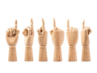 hand of wood doll make fingers to touch on white bakground