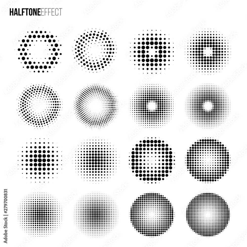 Poster vector halftone effect set. different gradient rings and circles in halftone effect.