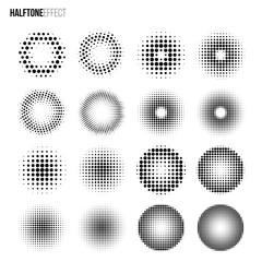 Vector halftone effect set. Different gradient rings and circles in halftone effect.