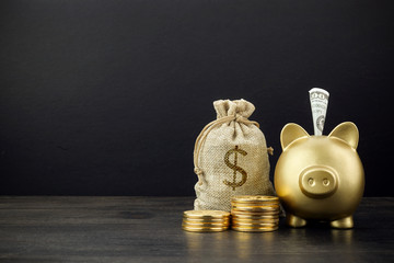 Piggy Bank and money bag with coins on dark wooden background