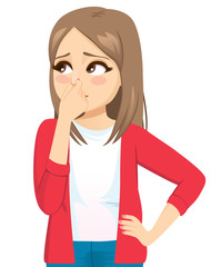 Young teenager woman pinching nose feeling bad smell