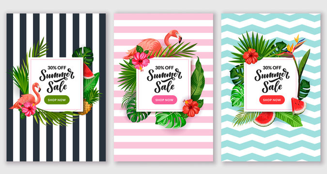 Summer sale poster set. Tropical banner frame design template. Vector illustration of palm leaves, flamingo and flowers