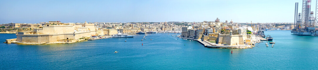 Panoramic Grand Harbour of Valletta, Malta.  Medieval forts with bastions,  Three City of Birgu, Senglea and Cospicua Fortifications.