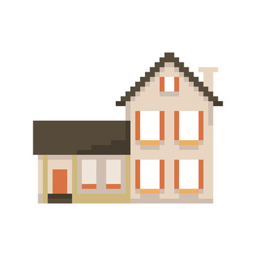 Pixel House Isolated On White Background. Graphics For Games. 8 Bit. Vector Illustration