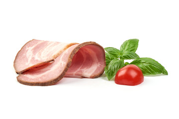 Smoked bacon slices, isolated on white background