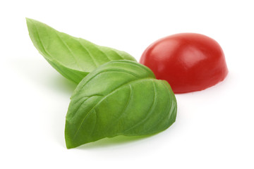 Fresh basil leaves with cherry tomato, close-up, isolated on white background