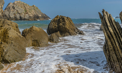 Travel, Cantabrian coastline landscape in costa quebrada, Arnia Beach, Coast of Liencres Cantabria, Spain