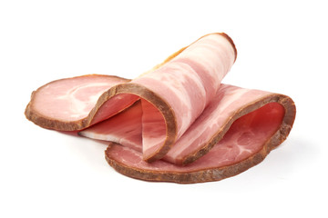 Sliced smoked pork, ingredient for cooking, isolated on white background