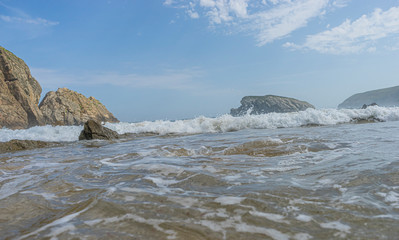 Travel, Cantabrian coastline landscape in costa quebrada, Arnia Beach, Coast of Liencres Cantabria, Spain