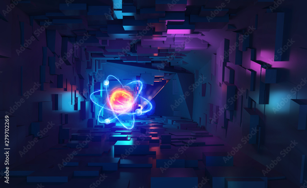Poster atom 3d illustration. neon light and ultraviolet. inside spacecraft. fantastic tunnel and cyberspace