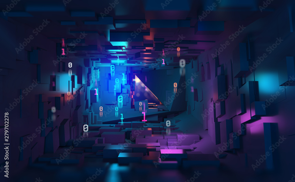 Aufkleber Neon light, ultraviolet. Cyberspace and virtual reality 3d illustration. Inside spacecraft. Fantastic tunnel, digital city, binary code. Quantum processor and future technologies